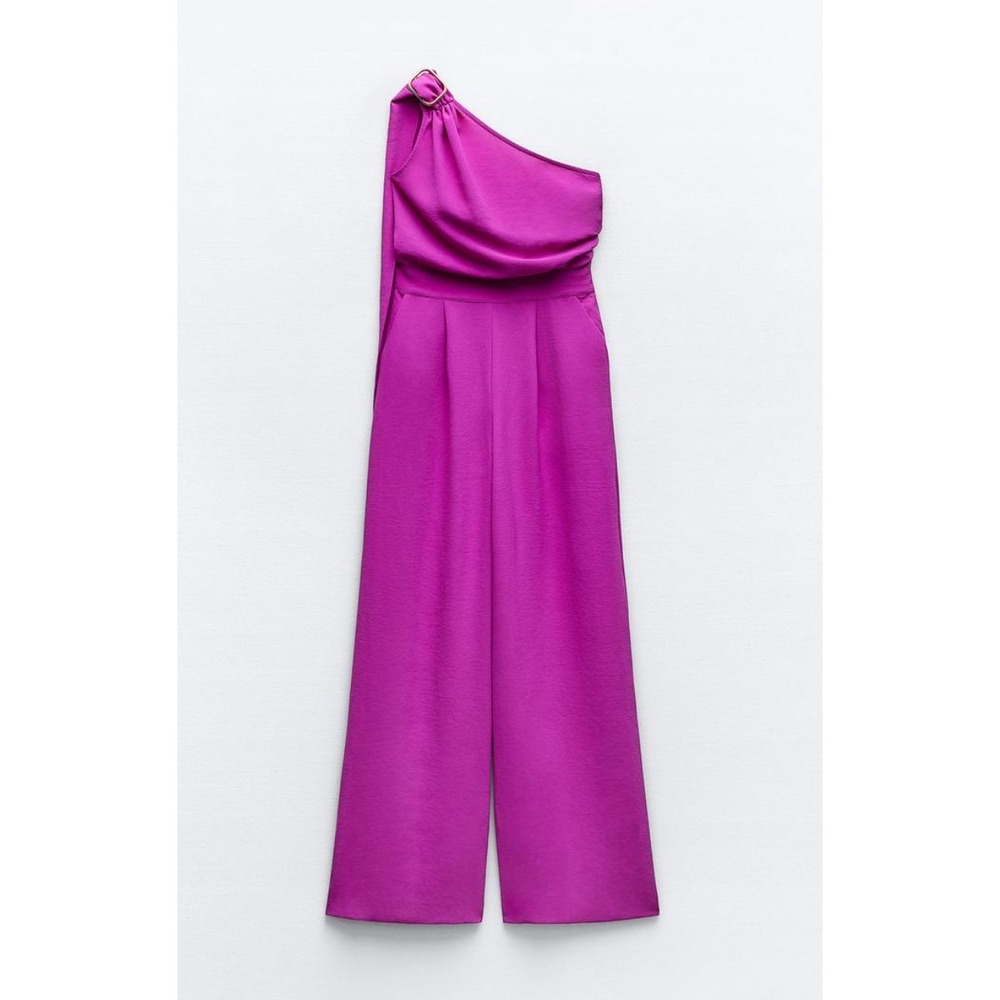 Zara Womens Long Asymmetric Flowy Pant Jumpsuit, One Shoulder, Magenta, Size M